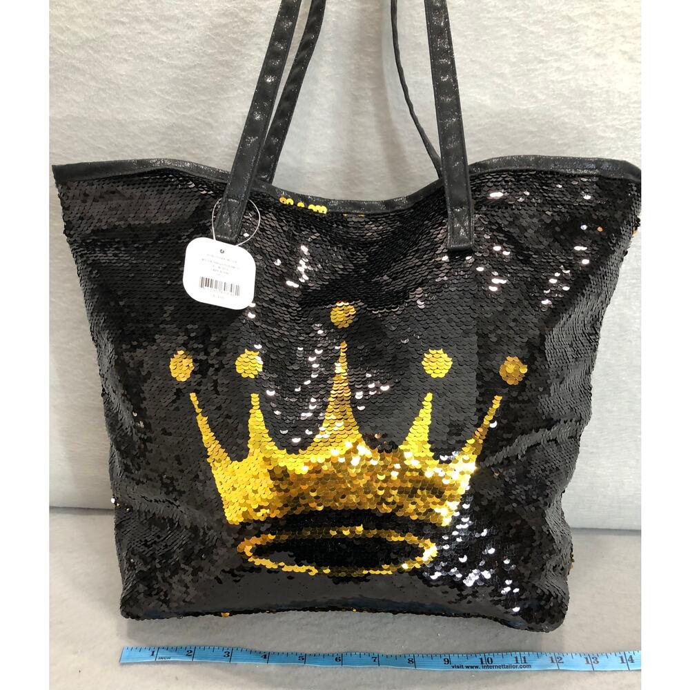 90s Y2K Retro Style Black Sequin Tote Bag Whimsical Gold Crown Logo & Pouch - Picture 2 of 15